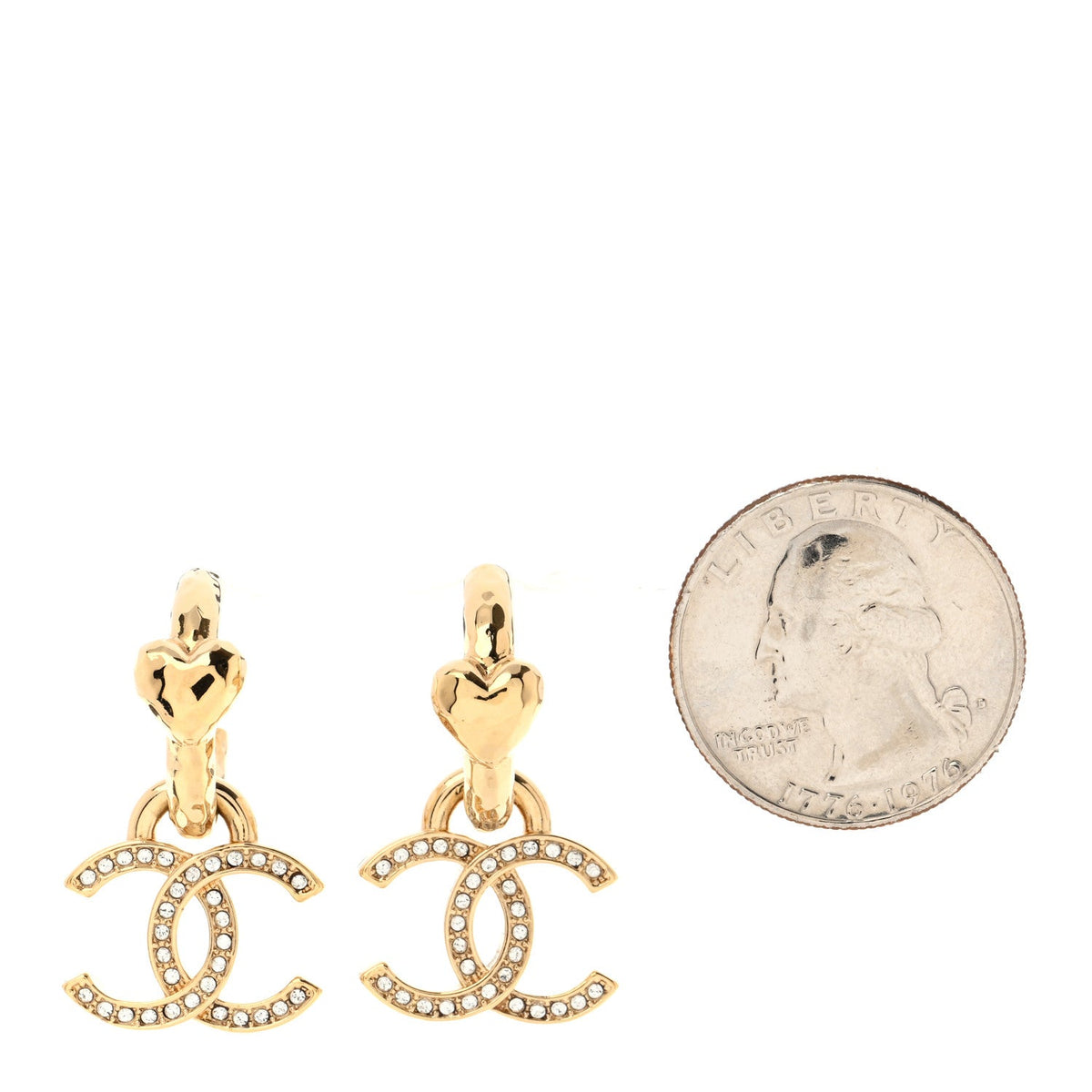 Metal Crystal Studded CC Hoop Drop Earrings Gold
