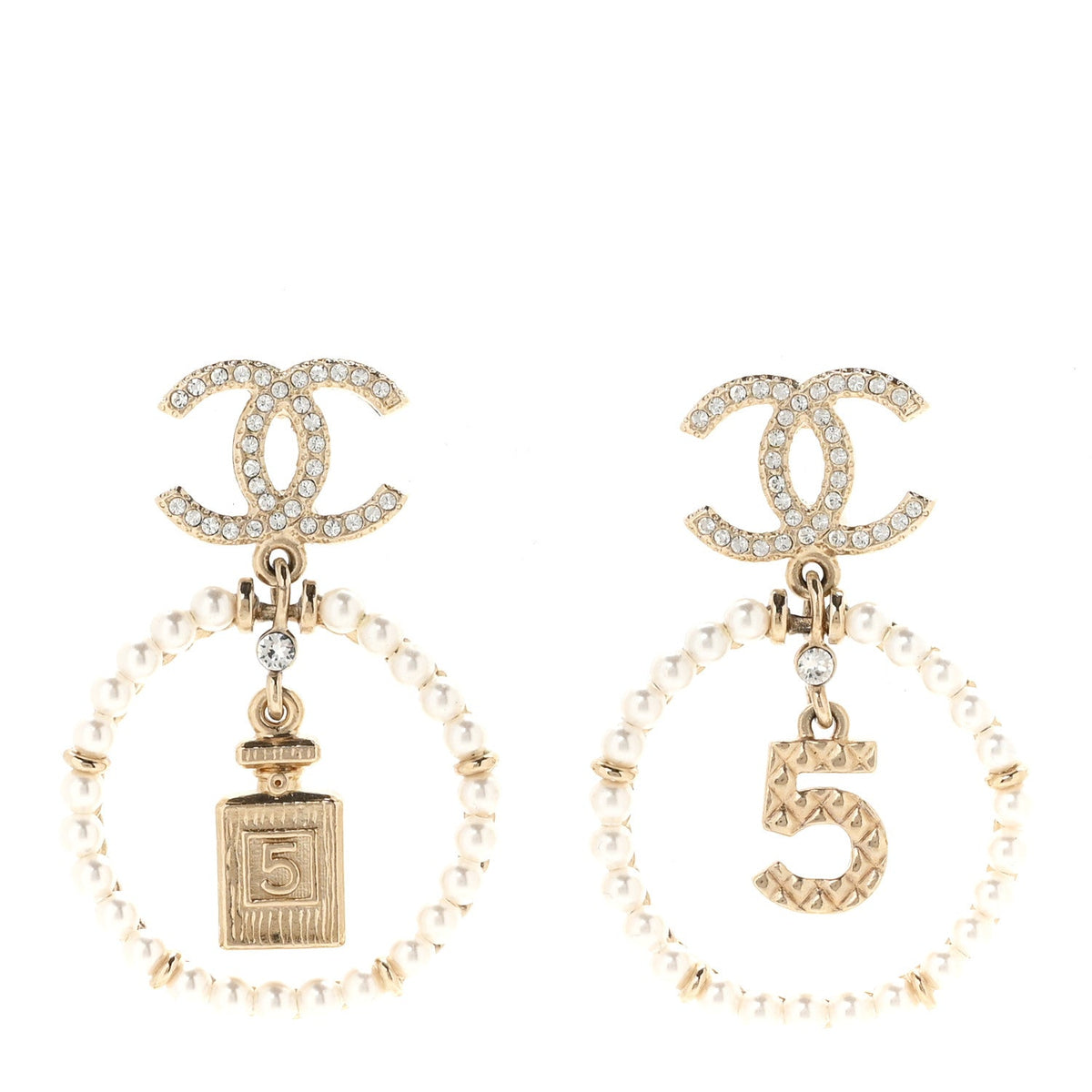 Crystal Pearl Chanel Charms CC Drop Earrings Gold