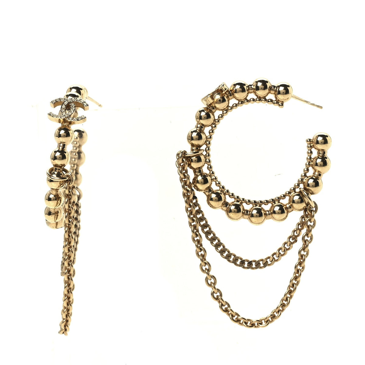 Metal Crystal Bead Chain CC Hoop Earrings Gold