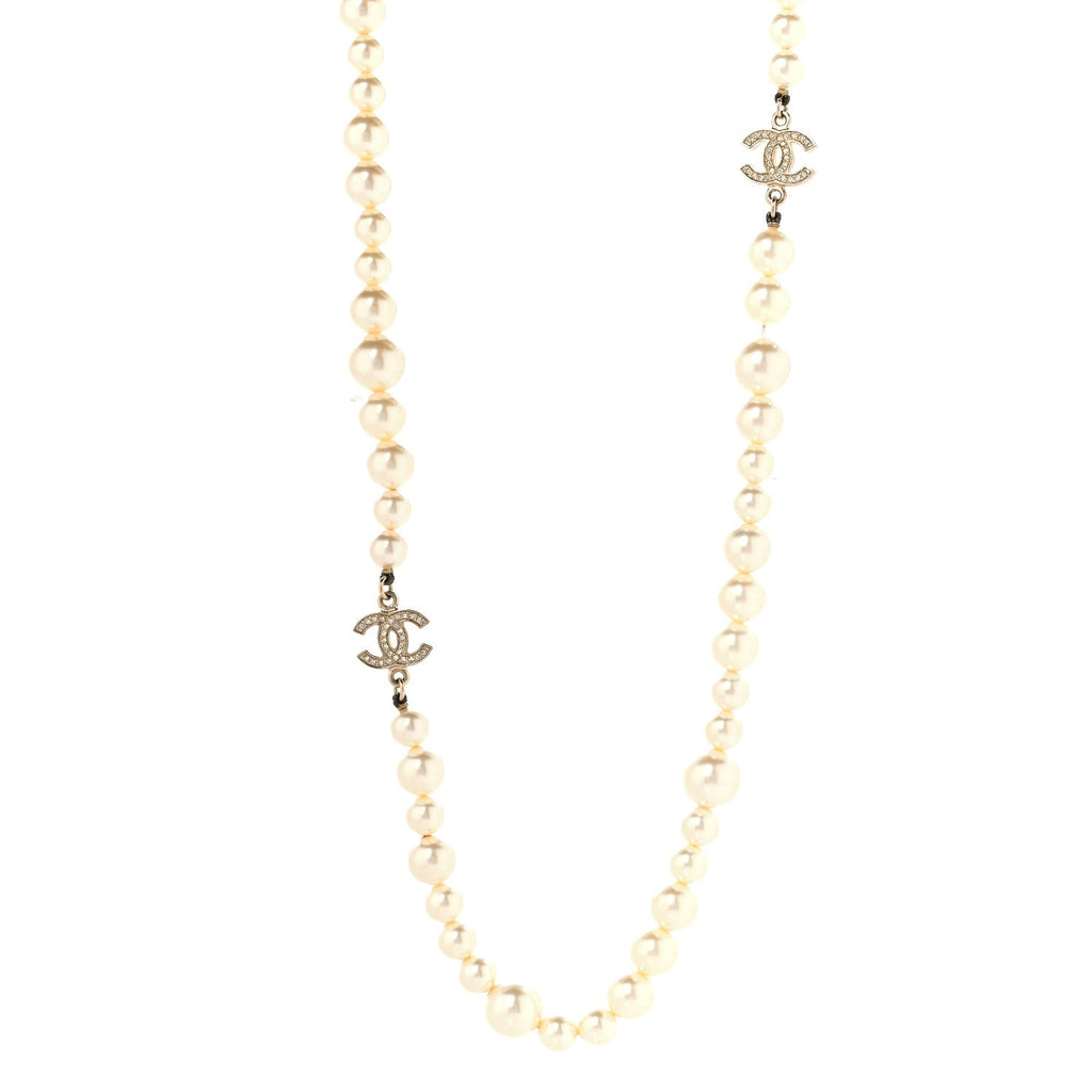 Crystal Pearl CC Long Necklace Gold