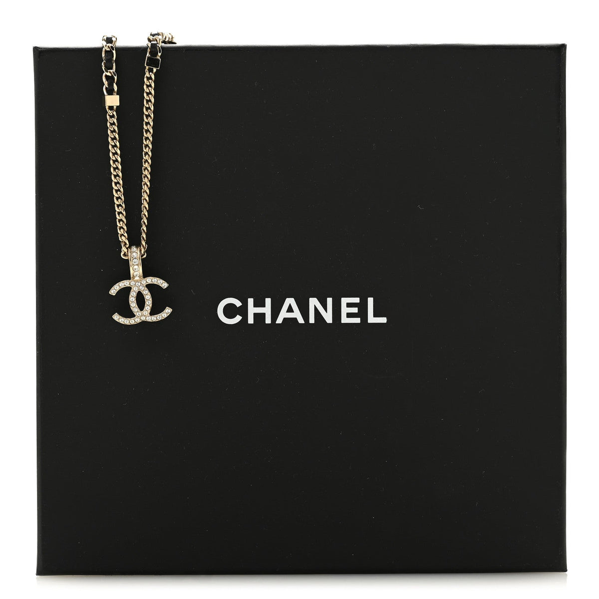 Lambskin Crystal CC Chain Pendant Necklace Black Gold