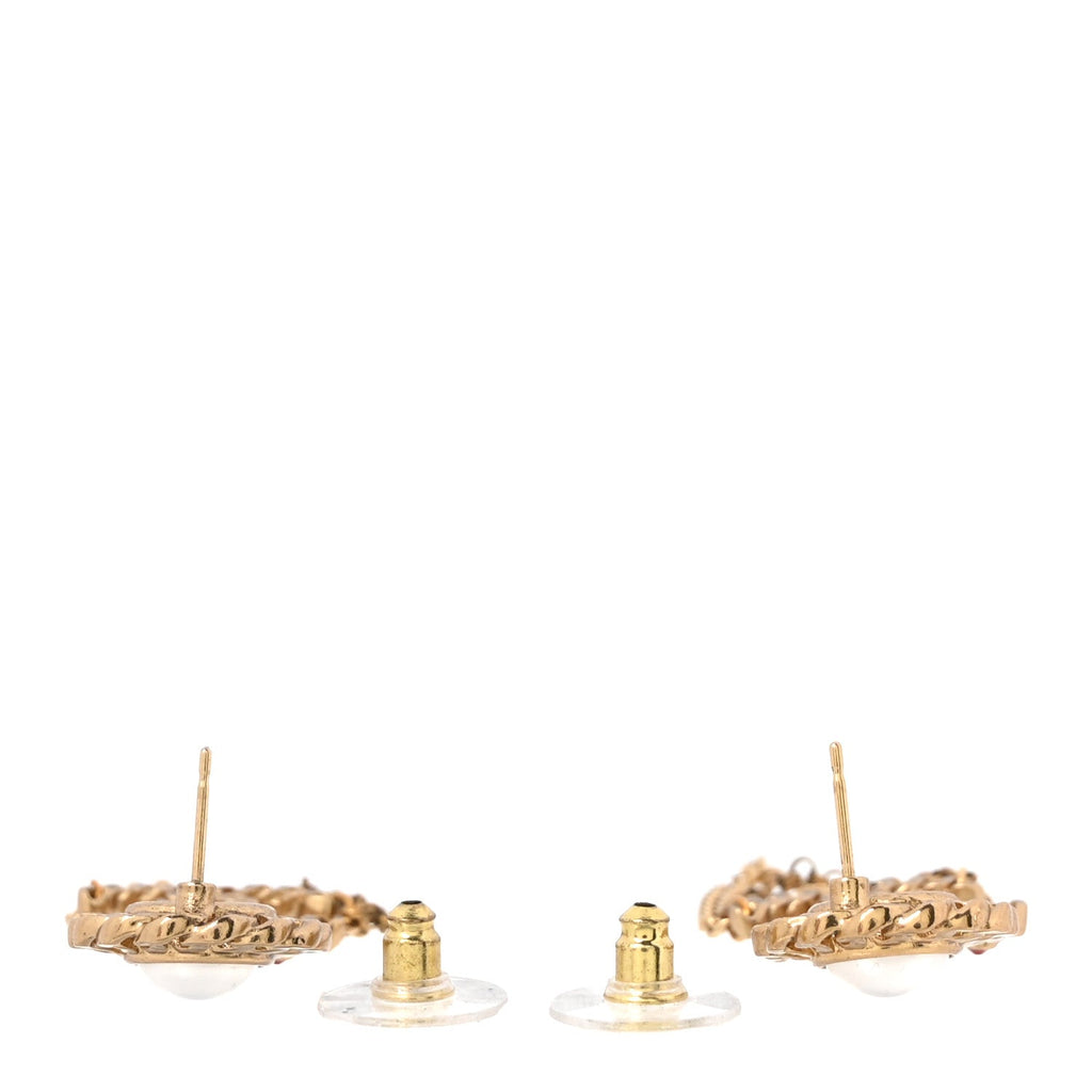 Pearl Crystal Chain Link CC Drop Earrings Gold Red Pink Yellow