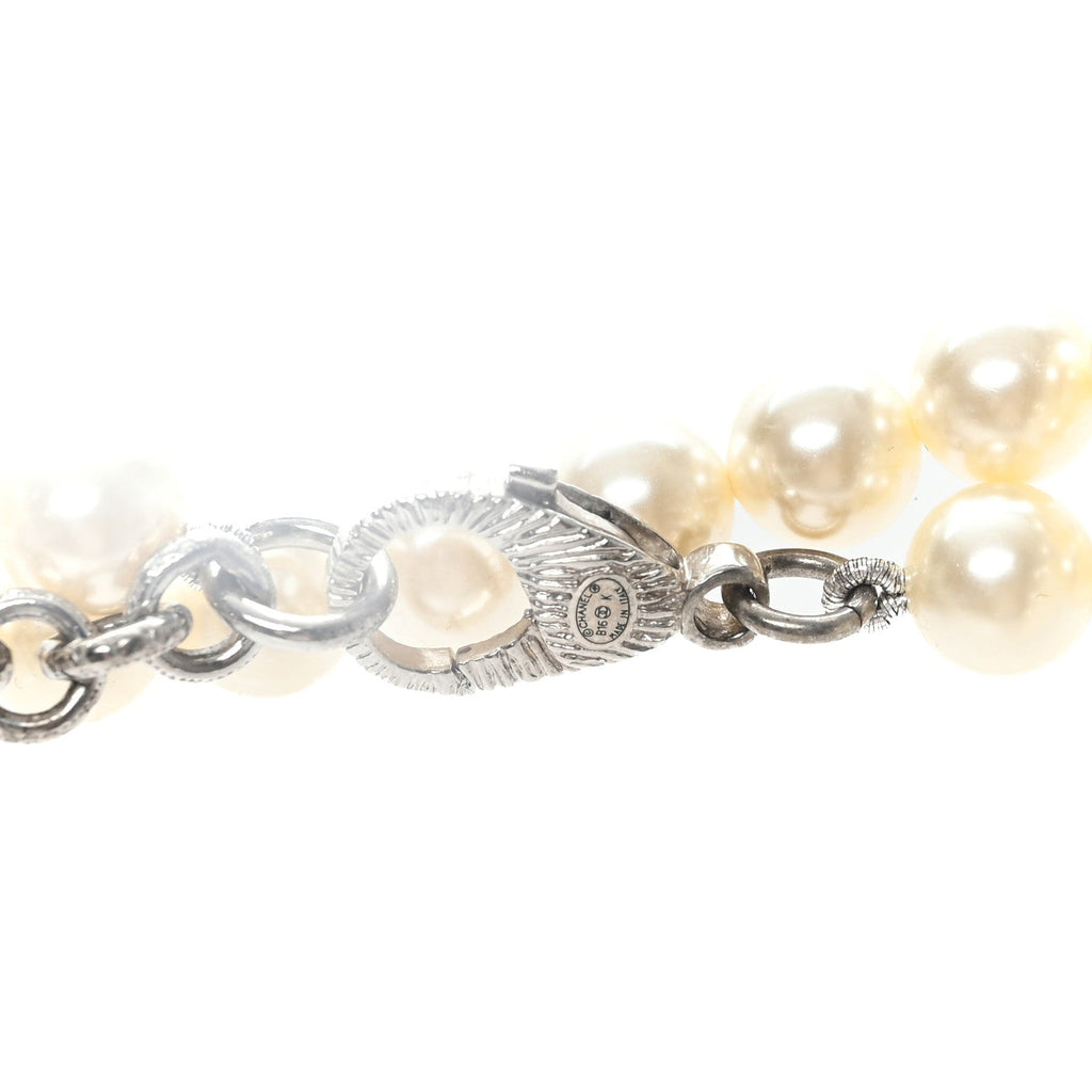 Pearl Bead Crystal CC Long Necklace White Silver Black