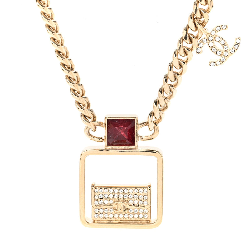 Metal Crystal Quilted Flap Bag Necklace Red Gold