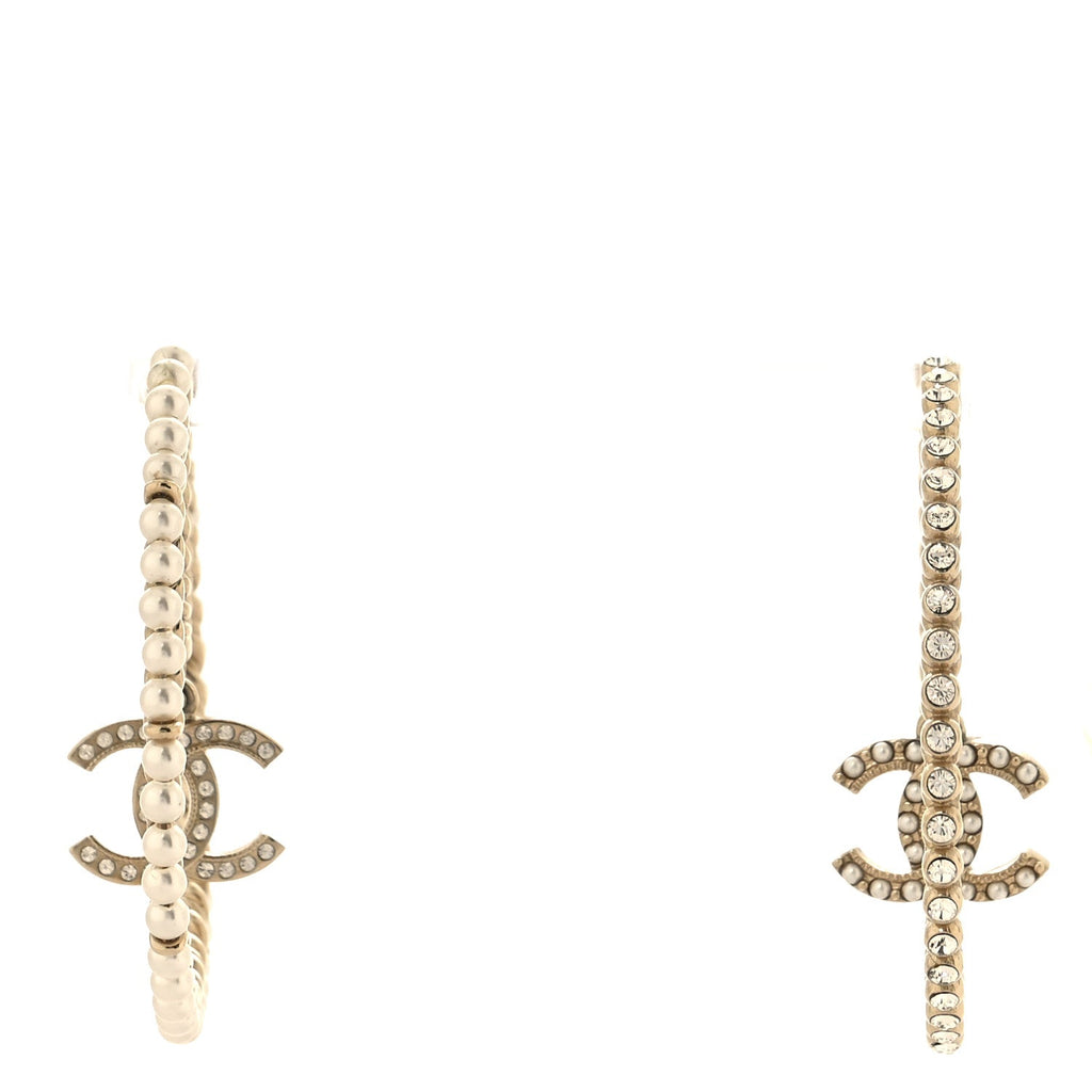 Crystal Pearl CC Drop Hoop Earrings Gold Pearly White