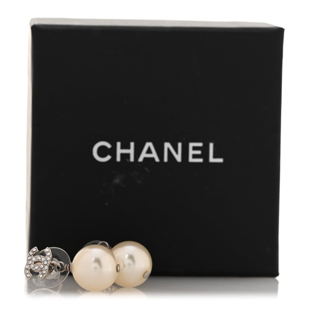 Crystal Pearl CC Drop Earrings Silver