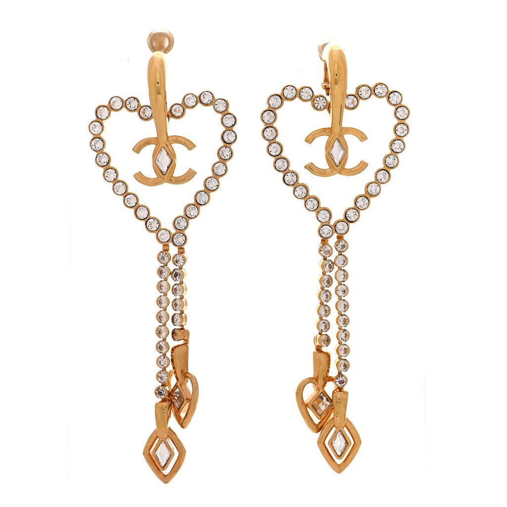 Metal Crystal CC Heart Chain Drop Clip On Earrings Gold