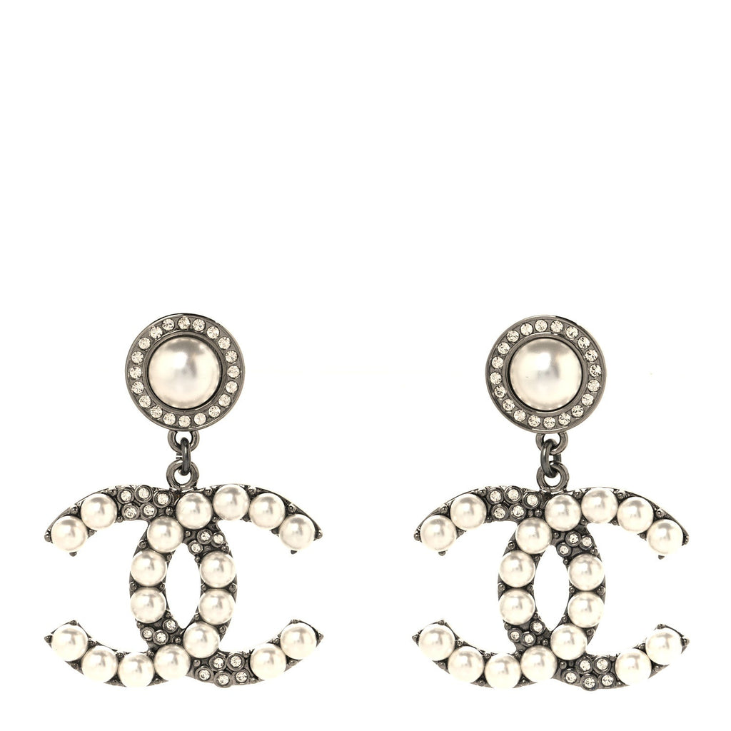Pearl Crystal CC Drop Earrings Silver