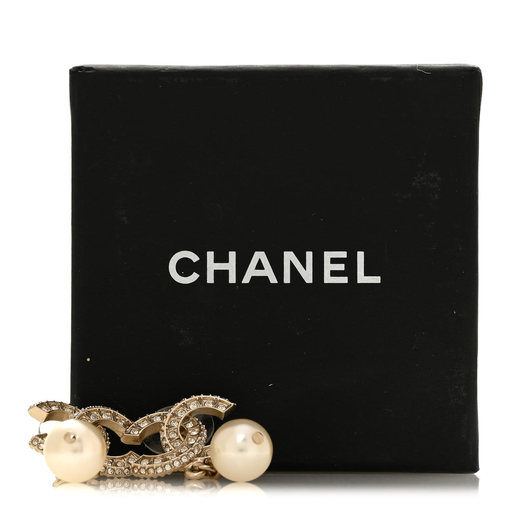 Crystal Pearl CC Drop Earrings Gold