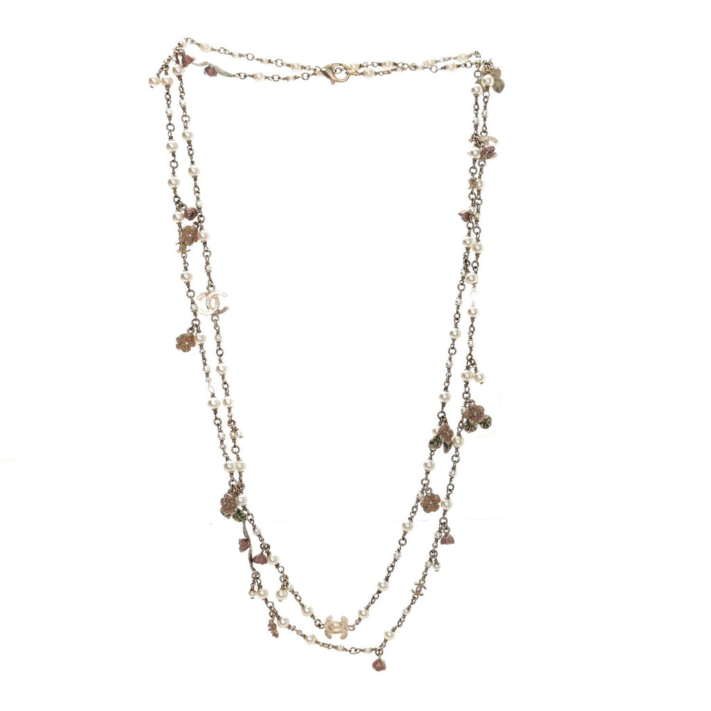 Pearl Enamel CC Camellia Long Necklace Gold Beige Pink