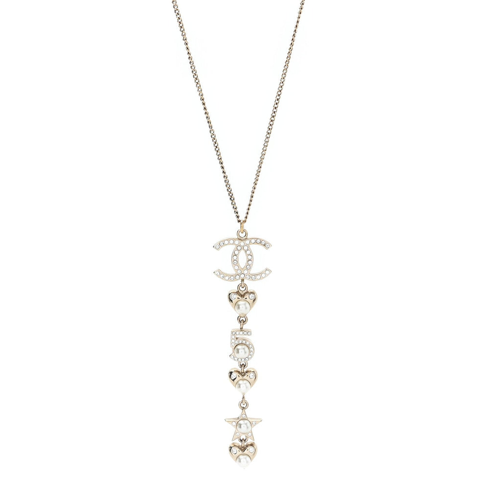 Pearl Crystal CC No 5 Heart Star Pendant Necklace Gold