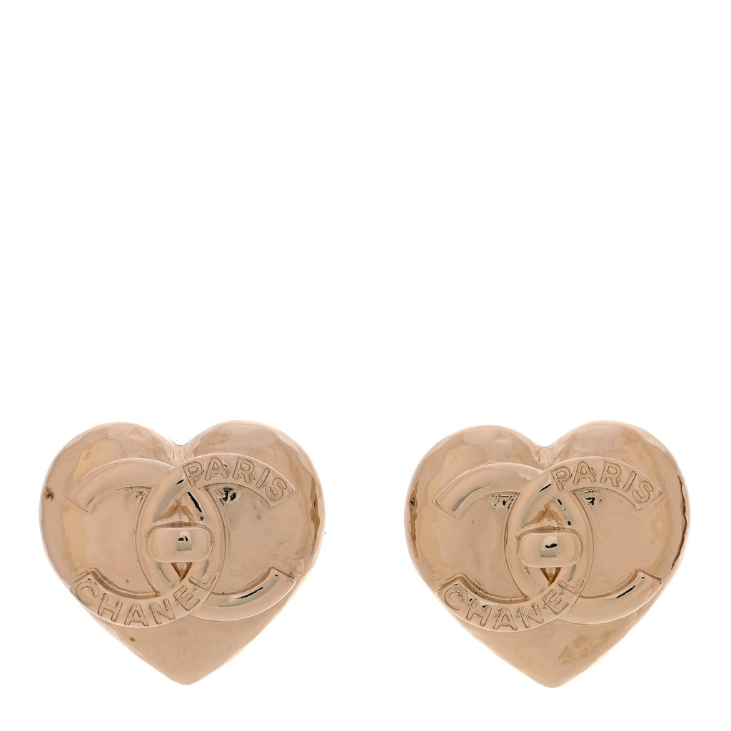 Metal CC Heart Turnlock Earrings Gold