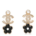 Crystal Pearl CC Flower Earrings Black Gold