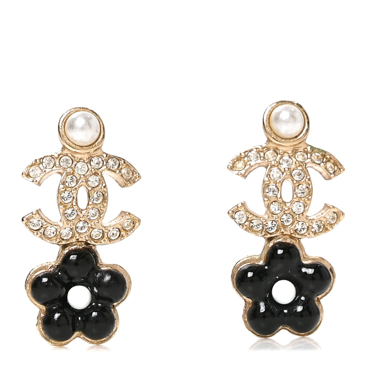 Crystal Pearl CC Flower Earrings Black Gold