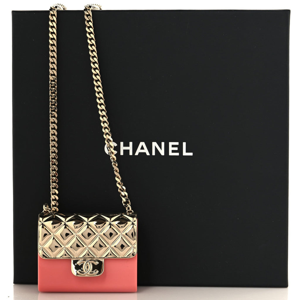 Metal Resin Lambskin Flap Bag Long Necklace Gold Pink