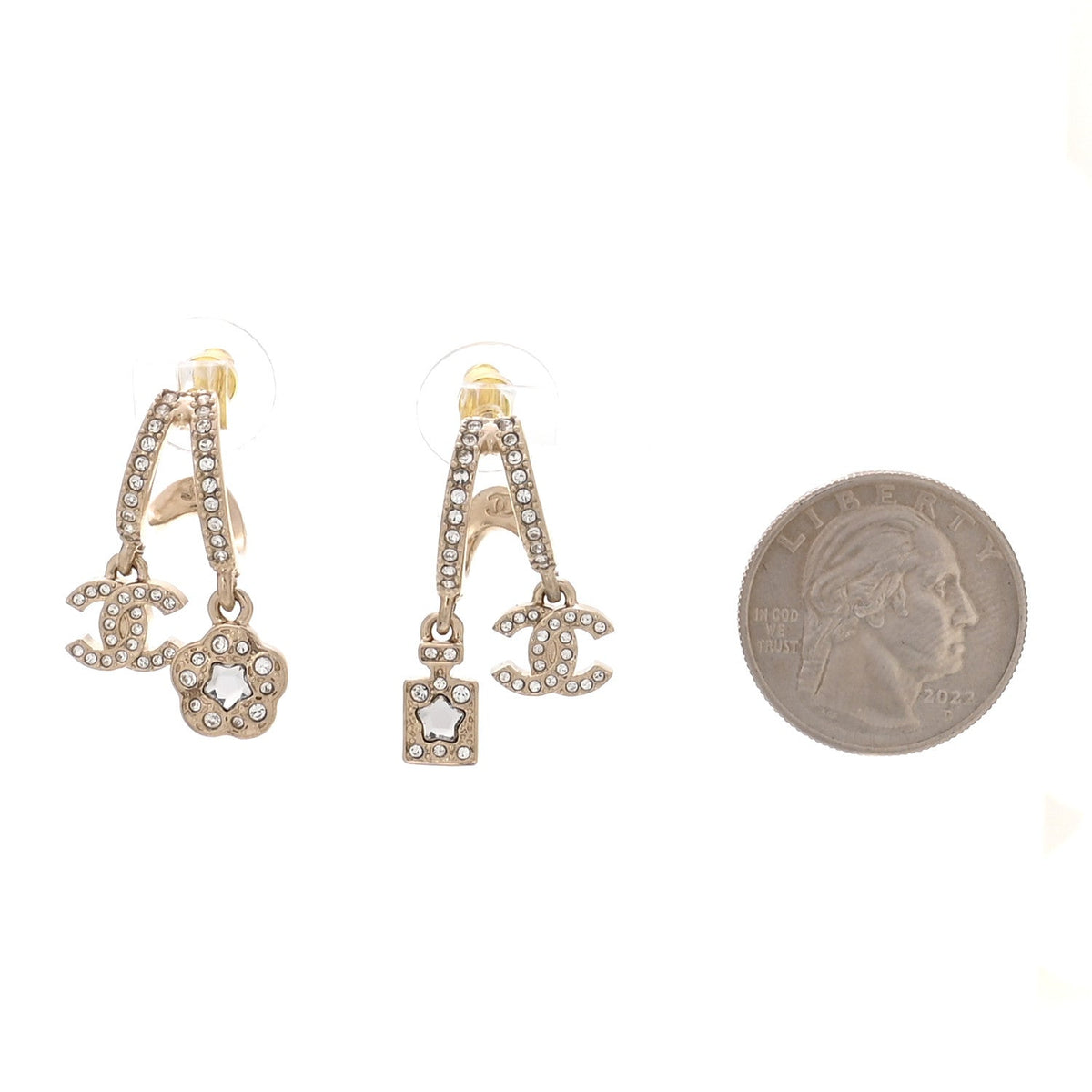 Crystal CC Camellia Perfume Bottle Double Hoop Earrings Gold