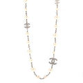 Graduated Pearl Crystal CC Long Necklace Silver