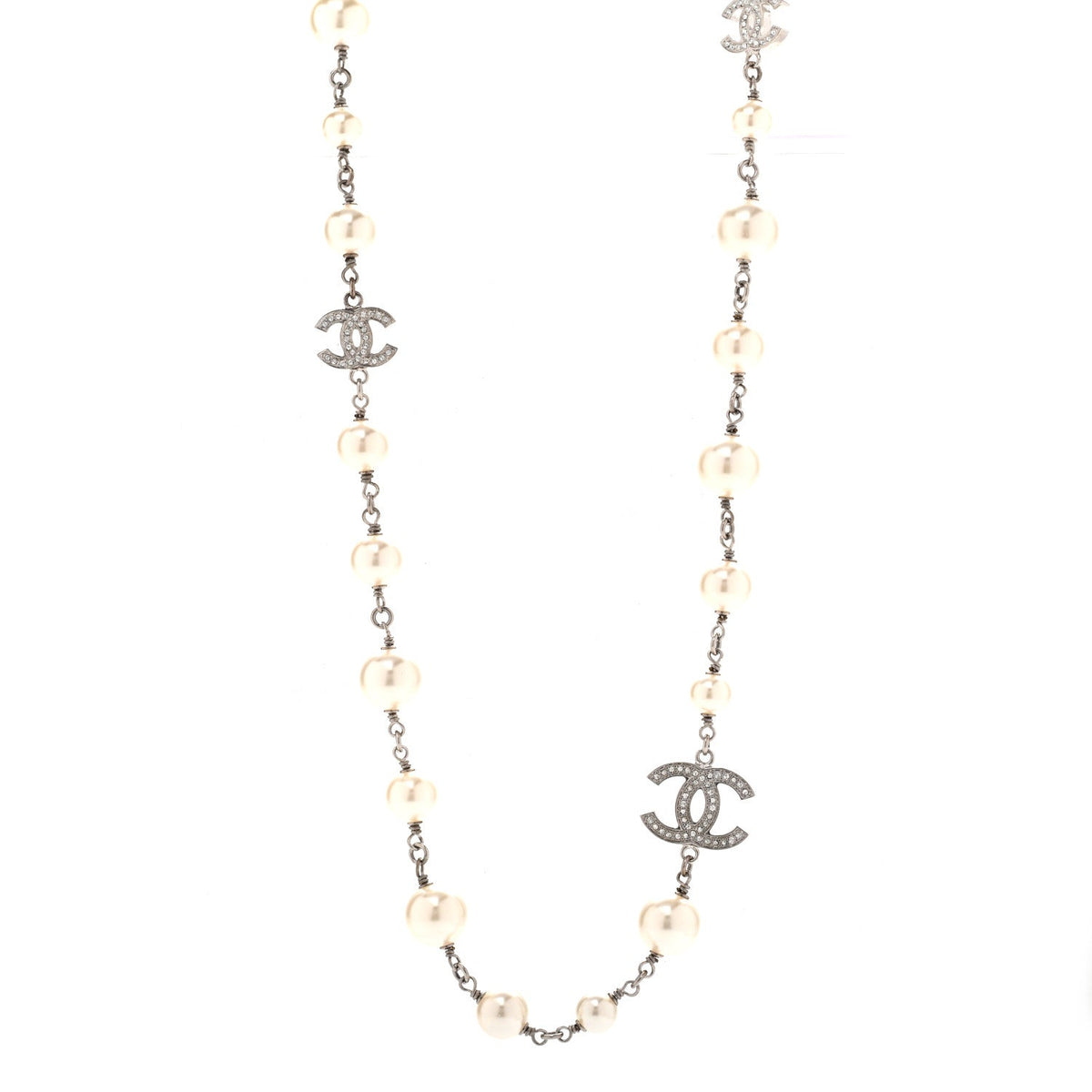 Graduated Pearl Crystal CC Long Necklace Silver