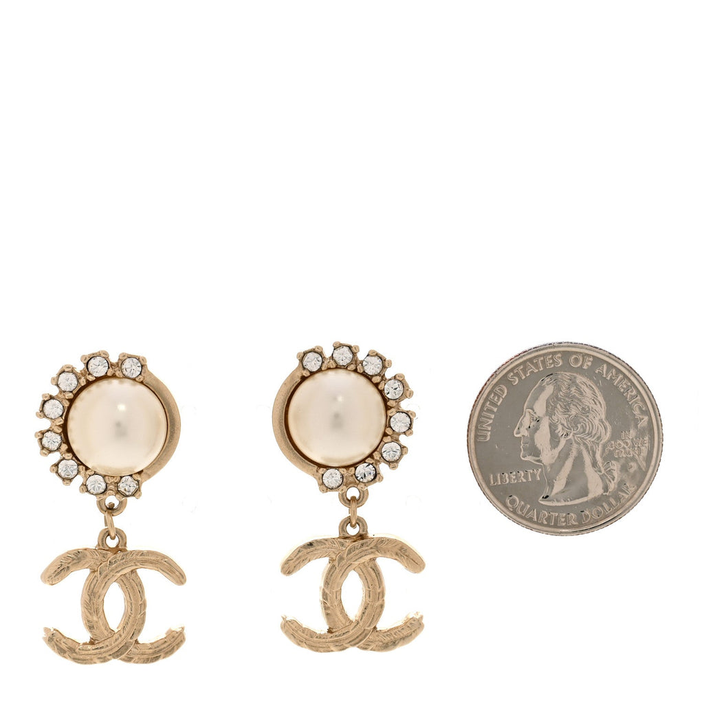 Metal Crystal Pearl CC Feather Earrings Gold