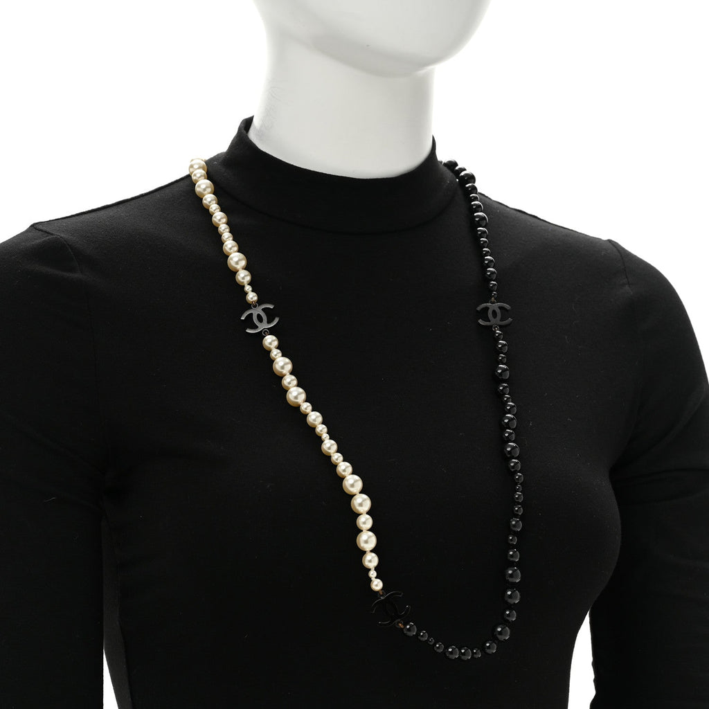 Ruthenium Pearl Beaded Enamel CC Long Necklace White Black