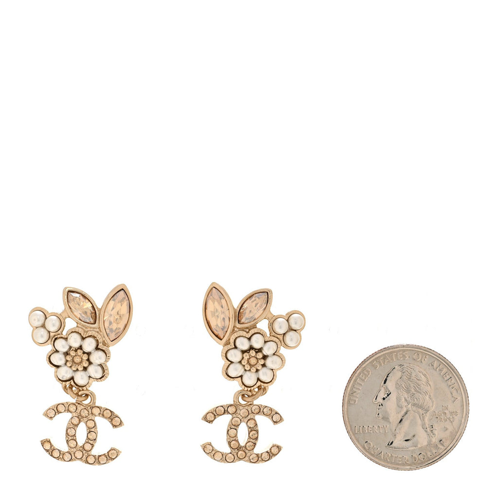 Pearl Crystal Drop CC Earrings Gold White