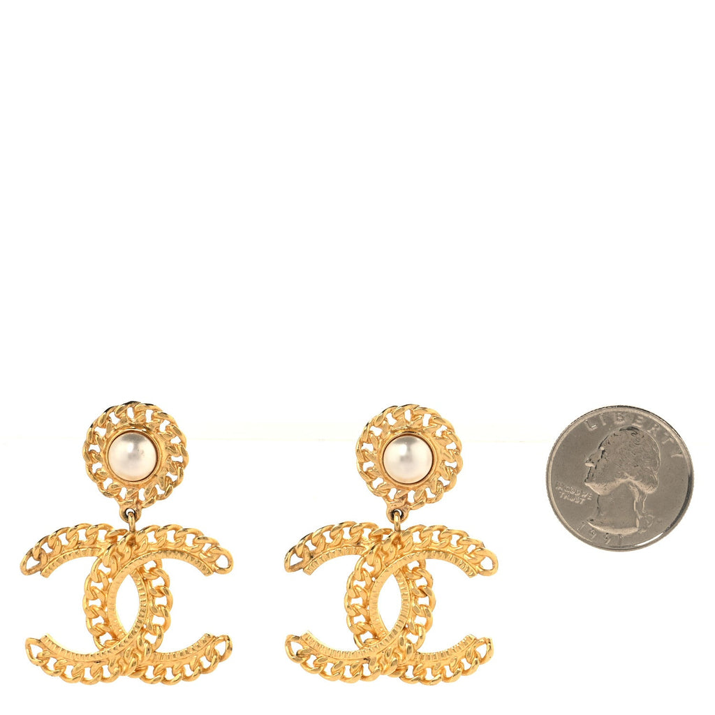 Metal Pearl CC Chain Drop Earrings Gold