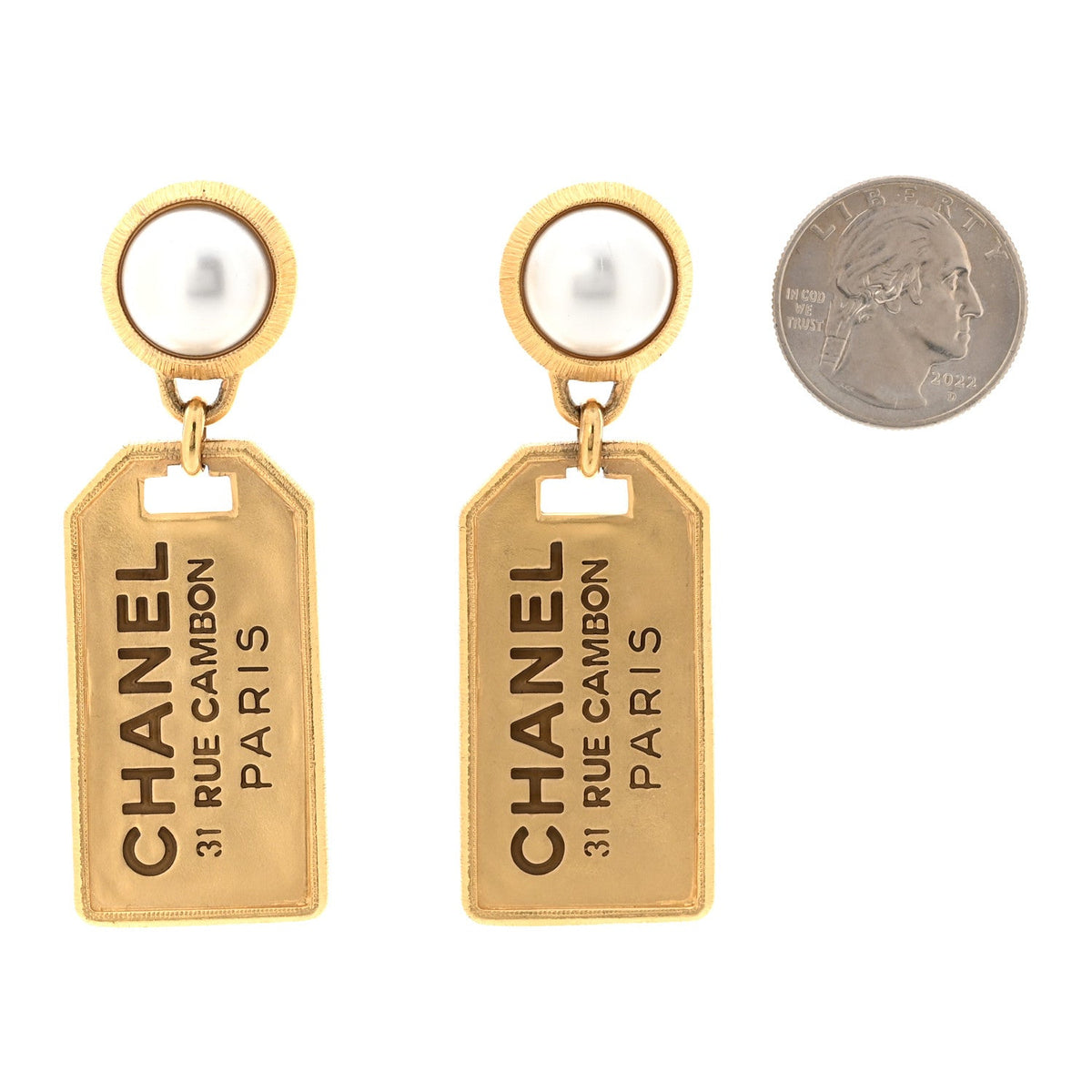 Pearl CC Tags Drop Earrings Gold