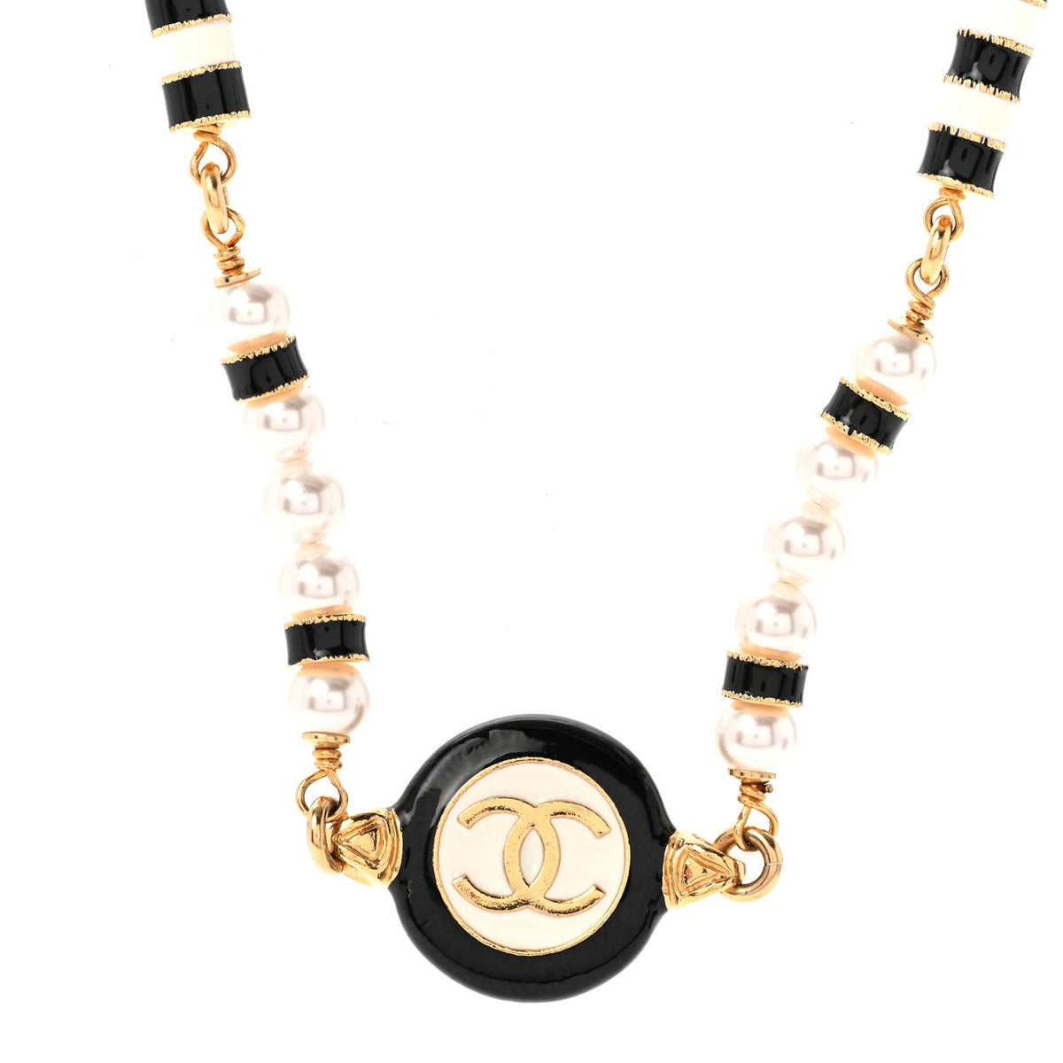 Metal Enamel Pearl CC Necklace Gold Black White