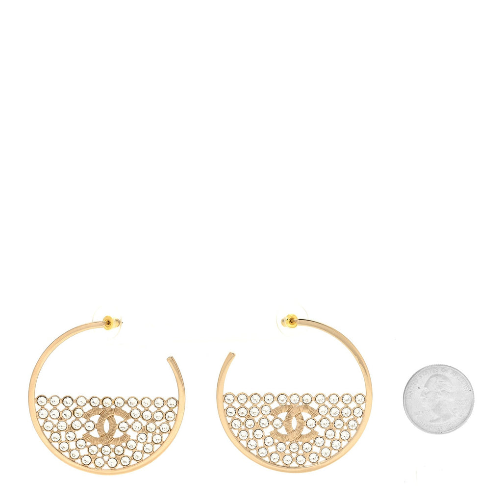 Metal Strass Crystal CC Hoop Earrings Light Gold