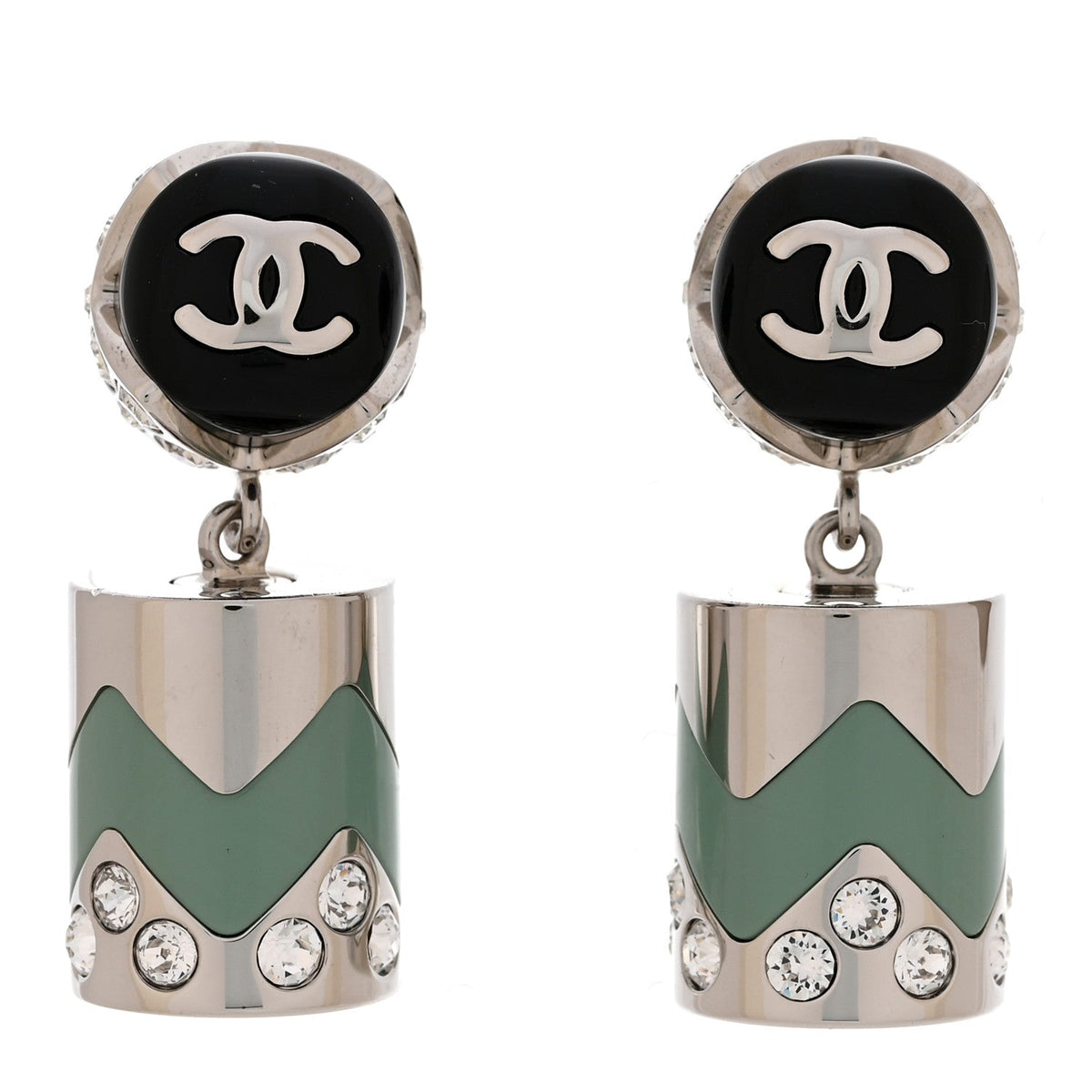 Metal Resin Crystal CC Pendant Earrings Silver Black Green