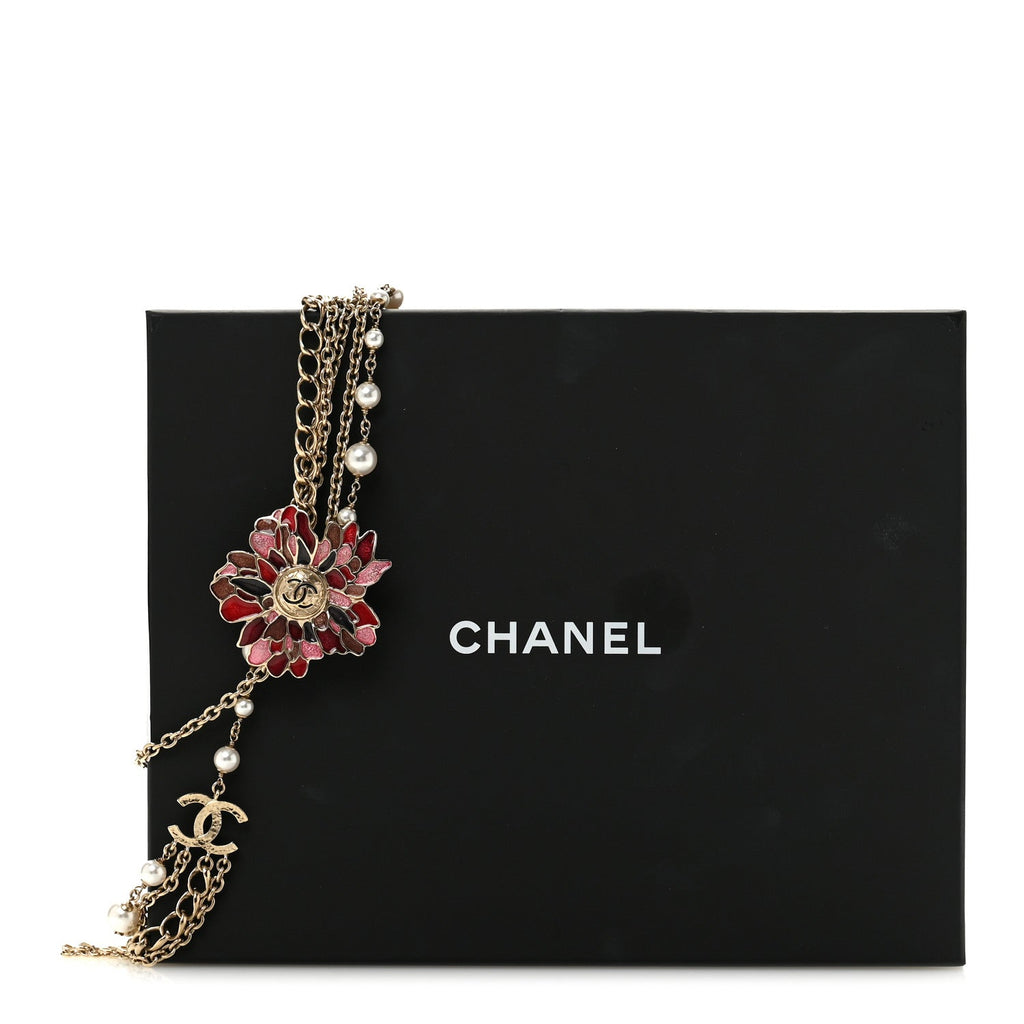 Resin Pearl Metal CC Camellia Multi Strand Long Necklace Gold Pink Multicolor