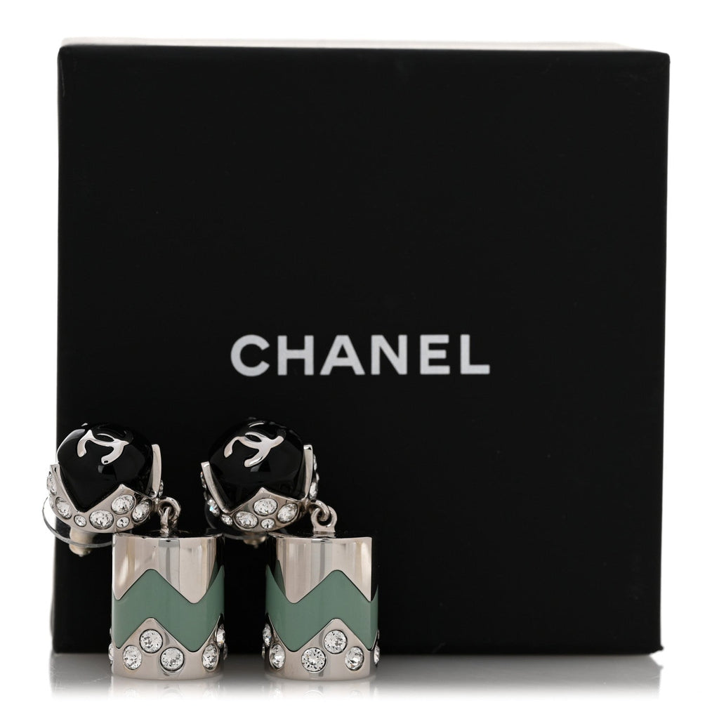 Metal Resin Crystal CC Pendant Earrings Silver Black Green