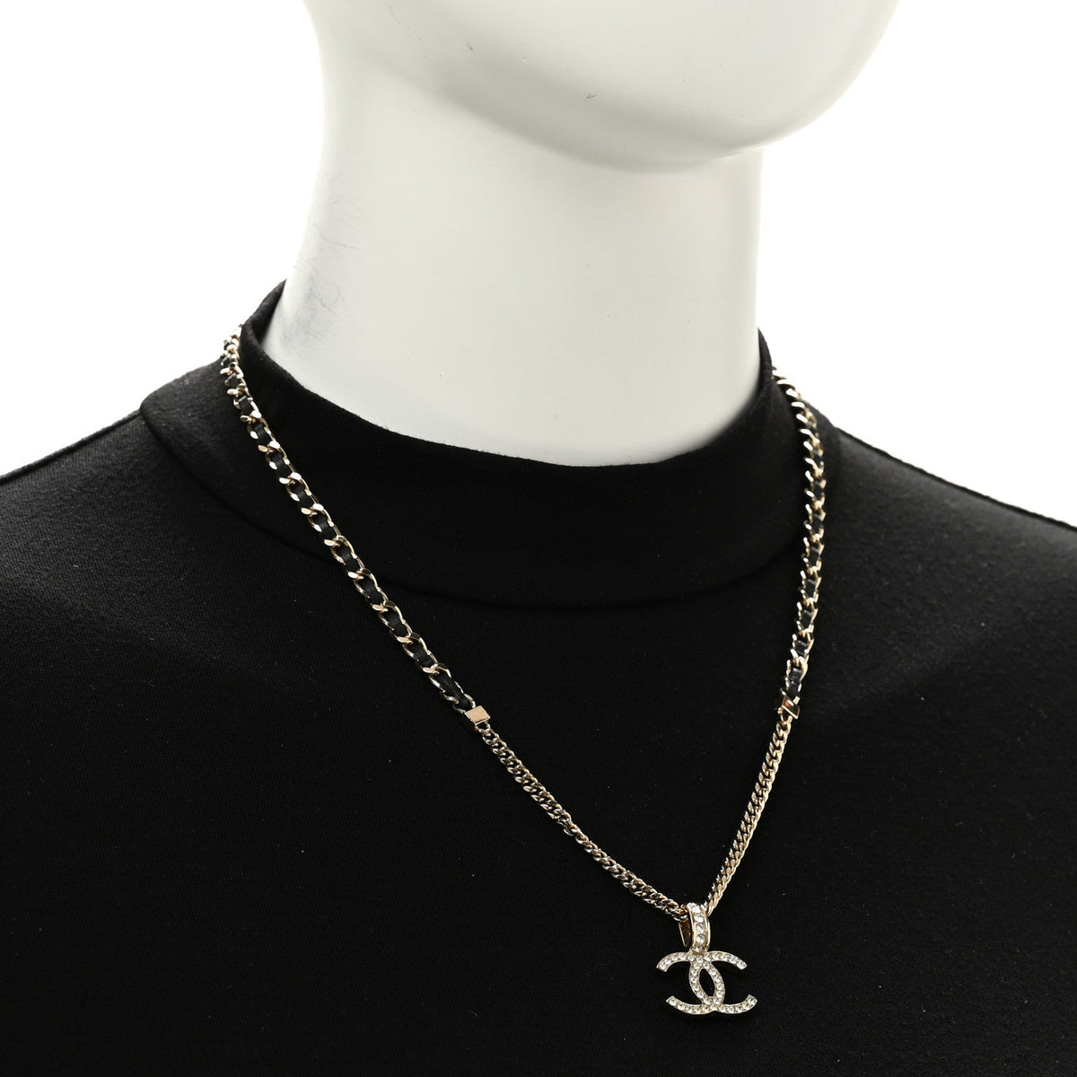 Lambskin Crystal CC Chain Pendant Necklace Black Gold