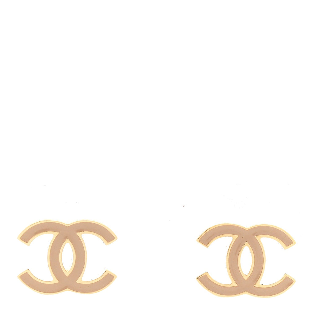 Metal Enamel CC Earrings Gold Biege