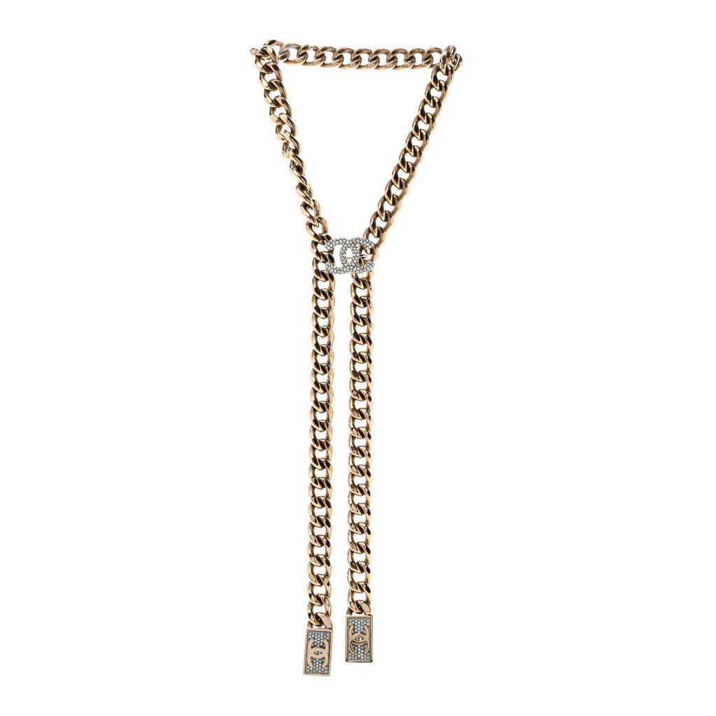 Chain Link Crystal CC Dog Tag Charm Necklace Gold