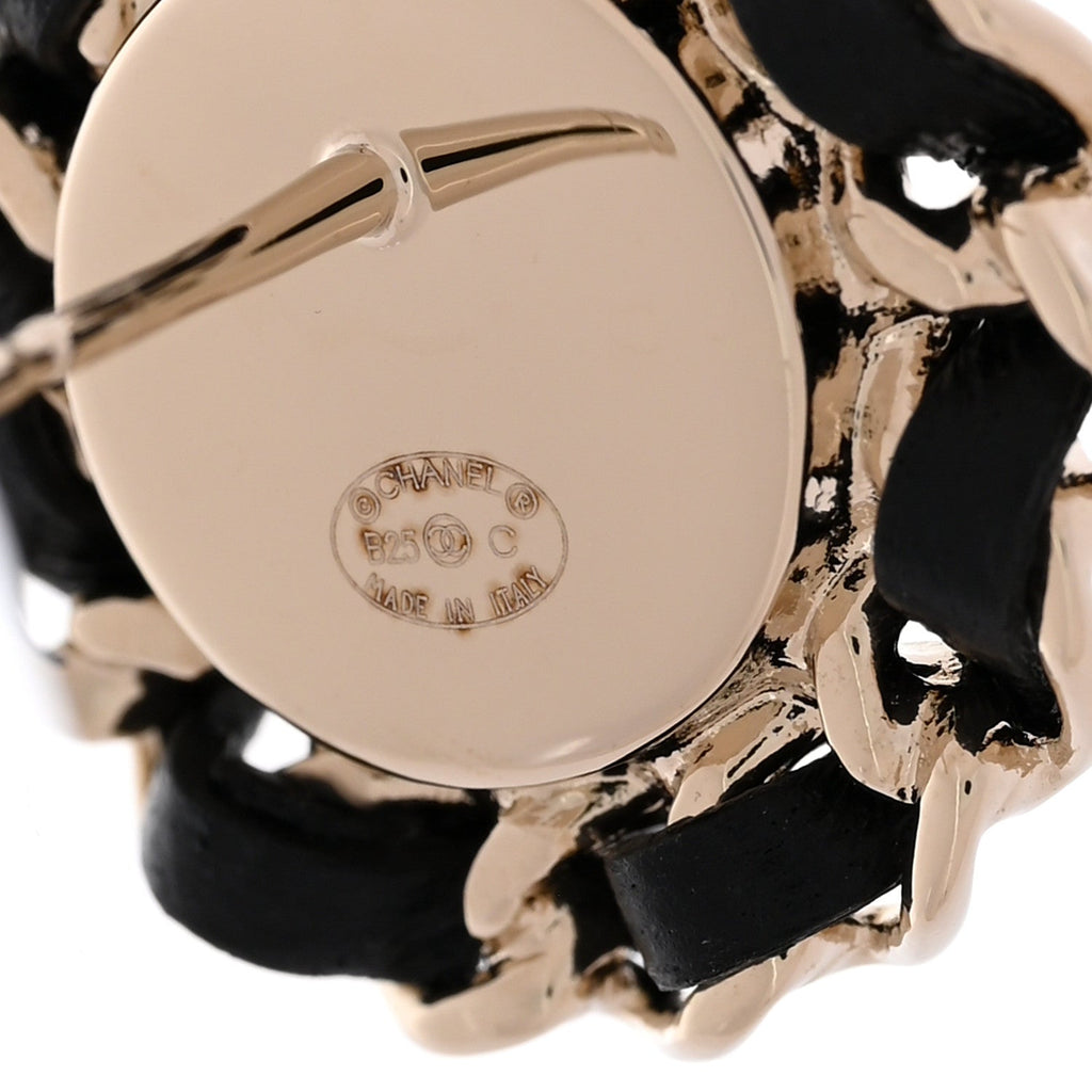 Crystal Lambskin Chain CC Stud Earrings Black Gold