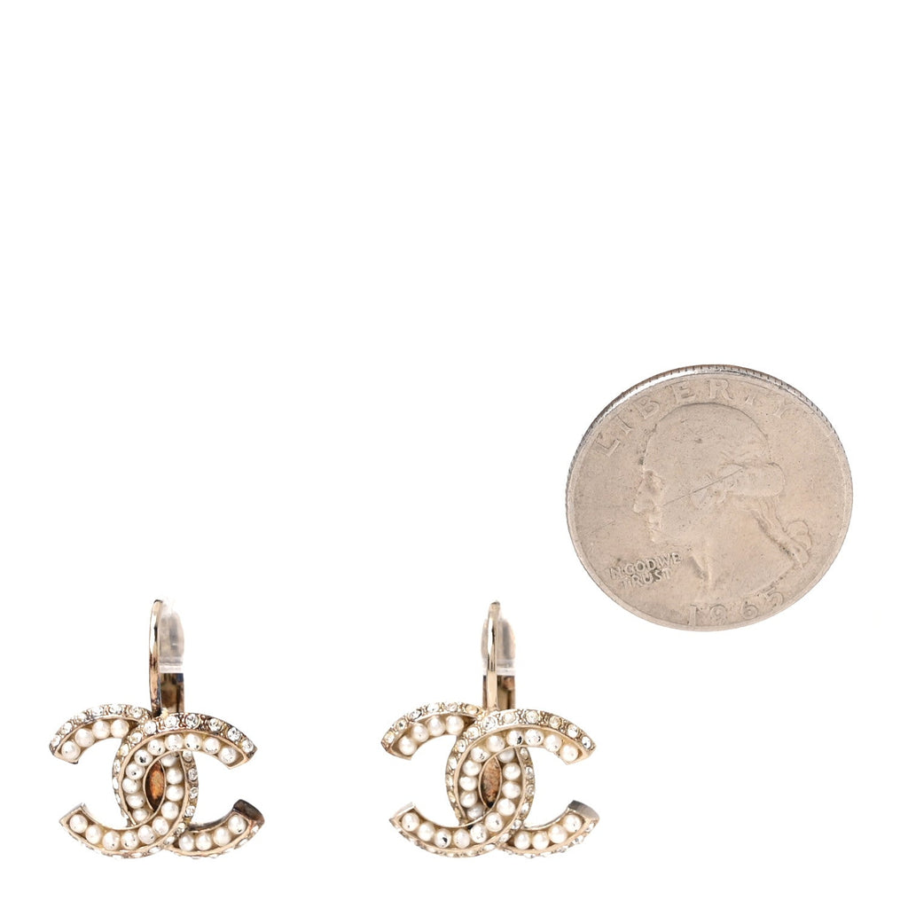Crystal Pearl CC Dangle Earrings Gold