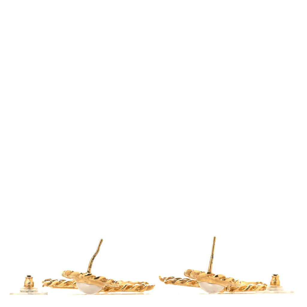 Metal Pearl CC Chain Drop Earrings Gold