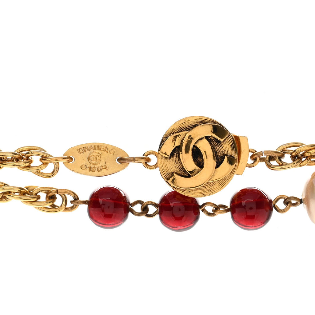 Beaded Pearl CC Long Strand Necklace Gold Red