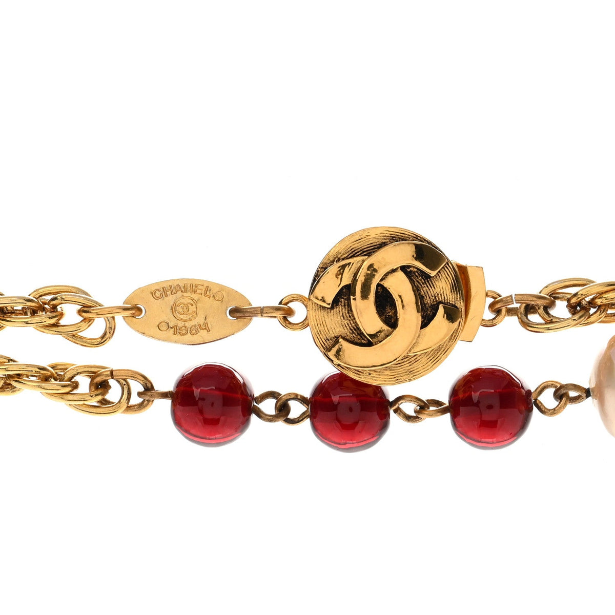 Beaded Pearl CC Long Strand Necklace Gold Red
