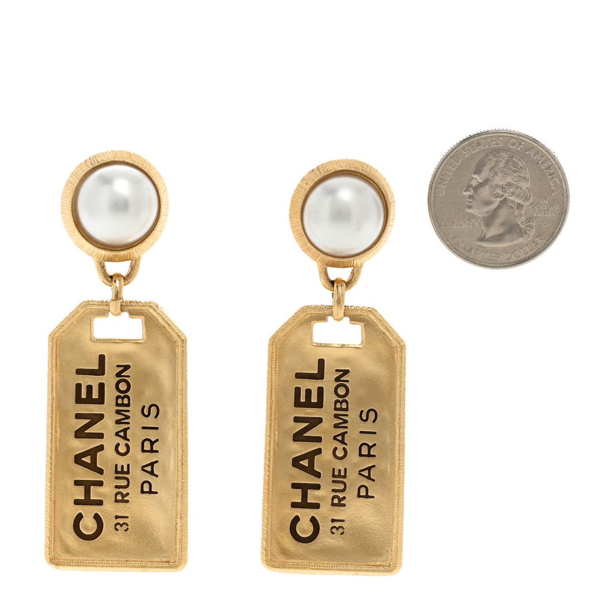 Pearl CC Tags Drop Earrings Gold