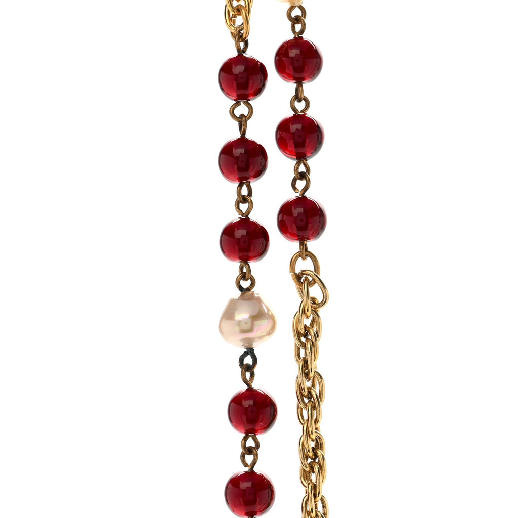 Beaded Pearl CC Long Strand Necklace Gold Red
