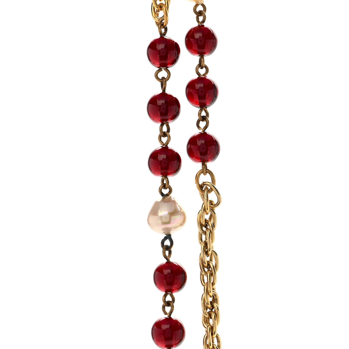 Beaded Pearl CC Long Strand Necklace Gold Red