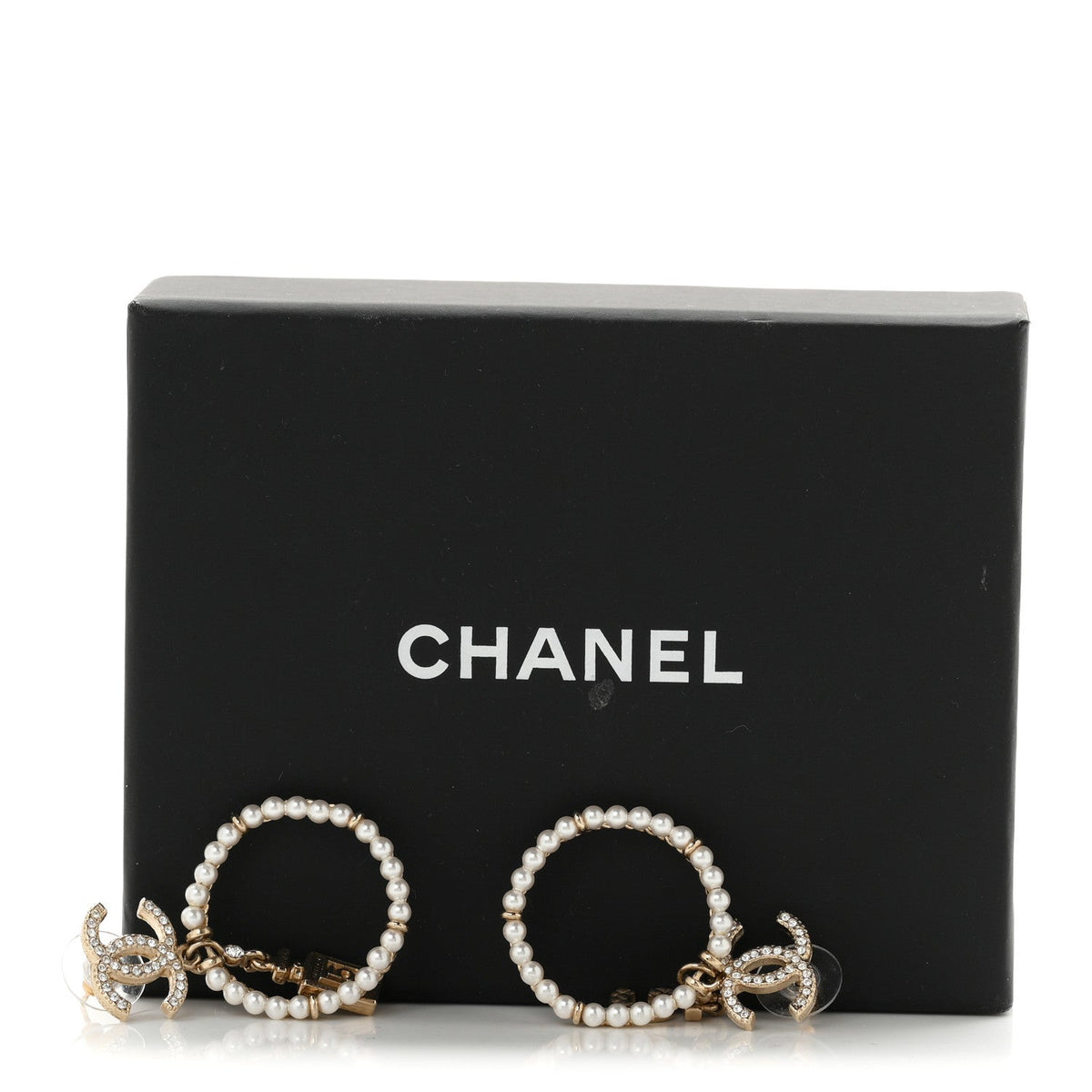 Crystal Pearl Chanel Charms CC Drop Earrings Gold