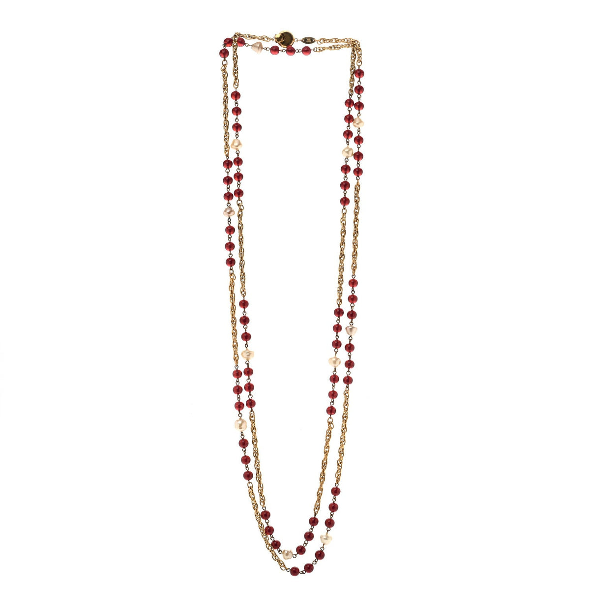Beaded Pearl CC Long Strand Necklace Gold Red