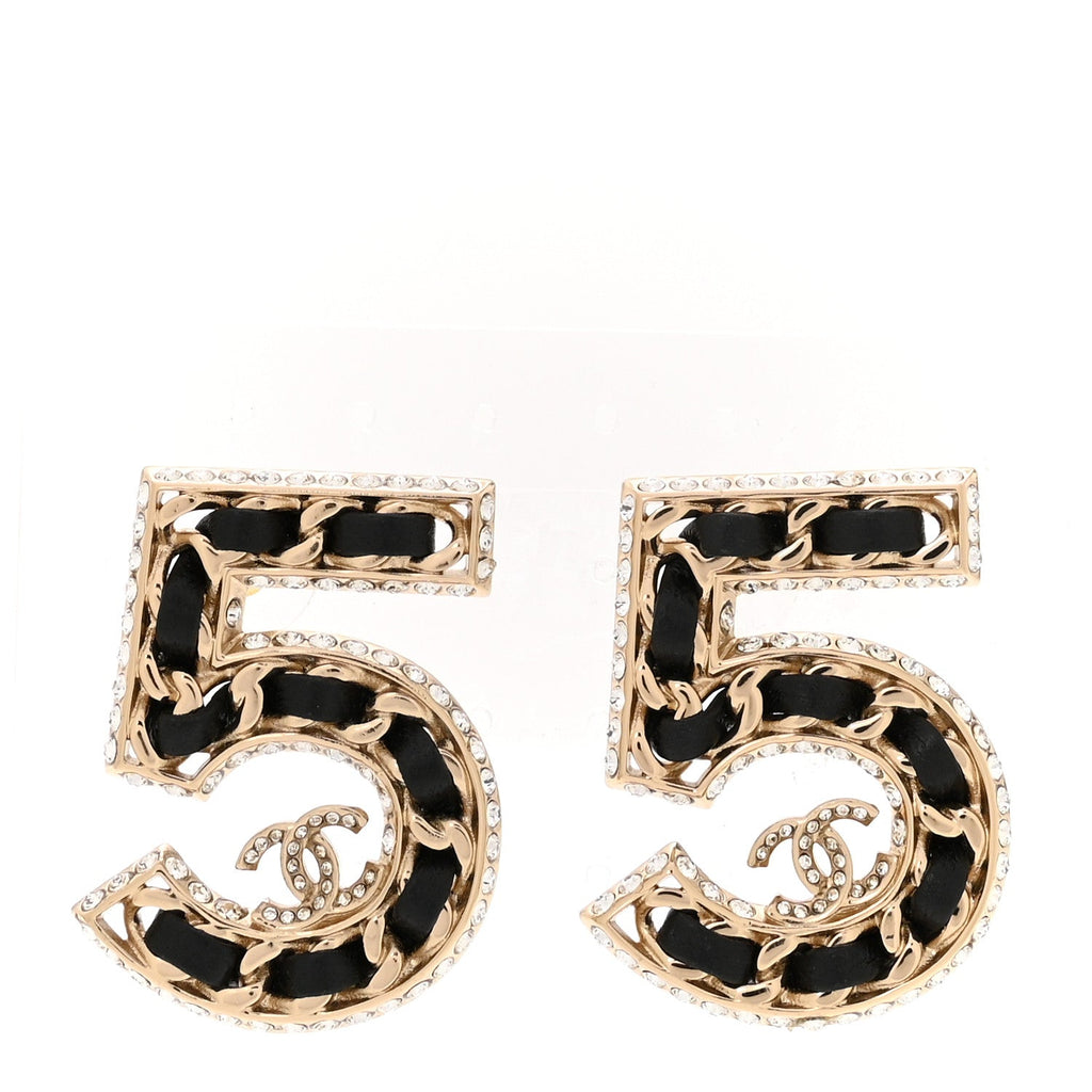 Crystal Lambskin Chain CC No 5 Earrings Gold Black
