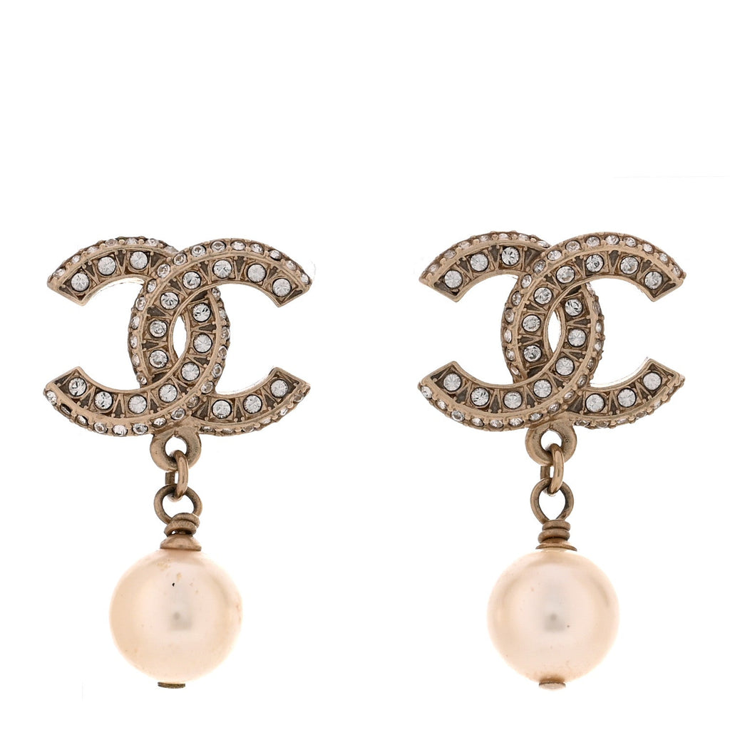 Crystal Timeless CC Pearl Drop Earrings Light Gold