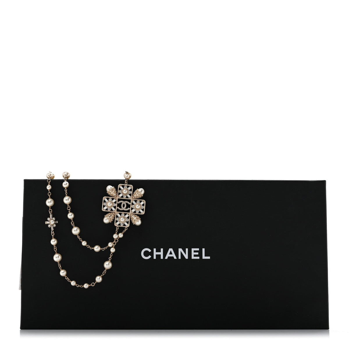 Pearl Crystal CC Long Necklace Gold