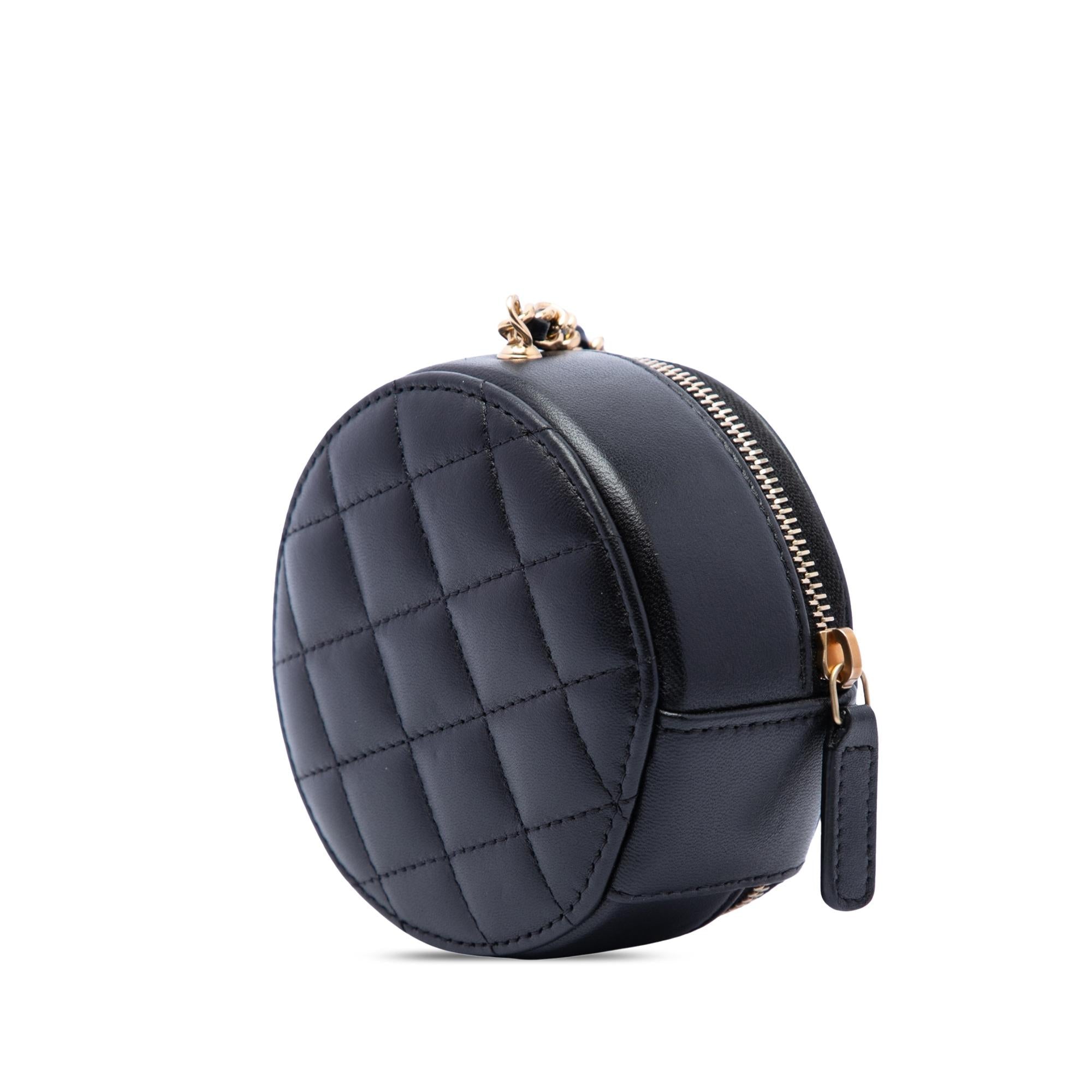 Chanel CC Lambskin and Metal Camellia Round Clutch with Chain