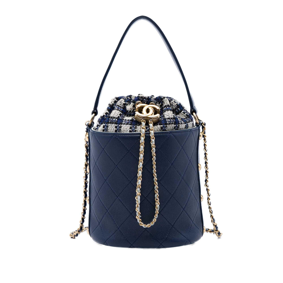 Chanel Medium CC Calfskin and Tweed Drawstring Bucket Bag